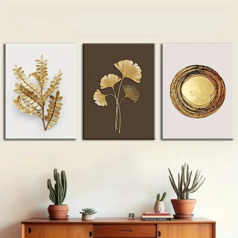 3pcs Modern Stylish Golden Leaf Perfect Wall Art Set Canvas Framed 40x60cm - High Quality Print 100% Australian Made Wall Canvas Ready to Hang