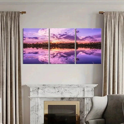 3pcs Purple Sky Lake and Mountain Scenery Wall Art Set Canvas Framed 40x60cm - High Quality Print 100% Australian Made Wall Canvas Ready to Hang