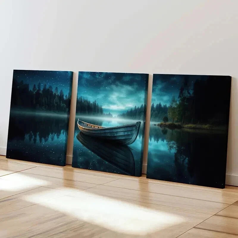 3pcs Tranquil Lake Starry Night Wooden Boat Wall Art Set Canvas Framed 40x60cm - High Quality Print 100% Australian Made Wall Canvas Ready to Hang