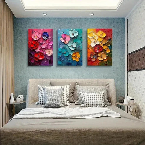 3pcs Vibrant Multi-Color Blossoms with Textured Art Set Canvas Unframed - High Quality Print 100% Australian Made Wall Canvas