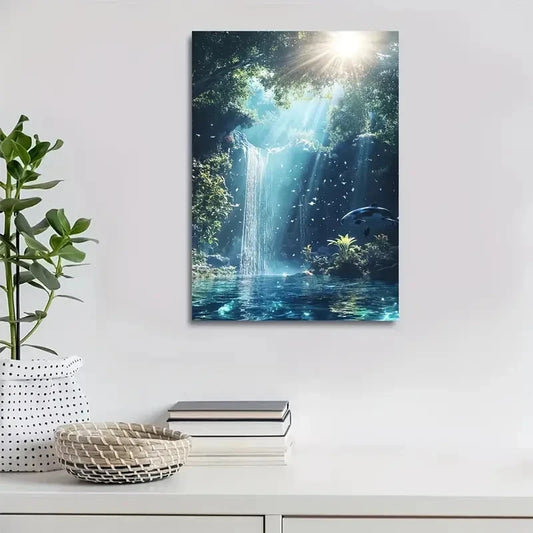 Cyberpunk Shark Waterfall Scene with Sunlight Painting 40x60cm Metal Print Ready to Hang