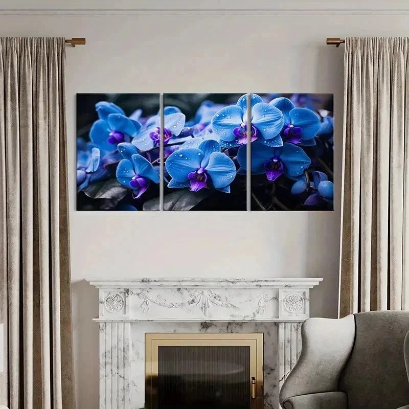 3pcs Blue Phalaenopsis Flowers with Dewdrops Wall Art Set Canvas Framed 40x60cm - High Quality Print 100% Australian Made Wall Canvas Ready to Hang