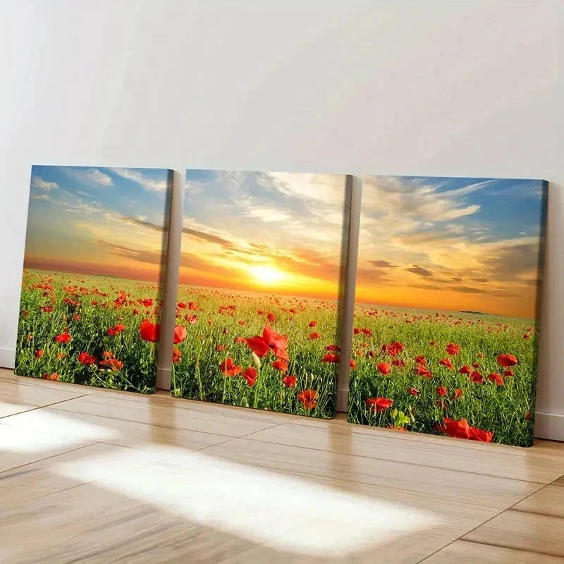 3pcs Flower Field Sunset Natural Wall Art Set Canvas Framed 40x60cm - High Quality Print 100% Australian Made Wall Canvas Ready to Hang