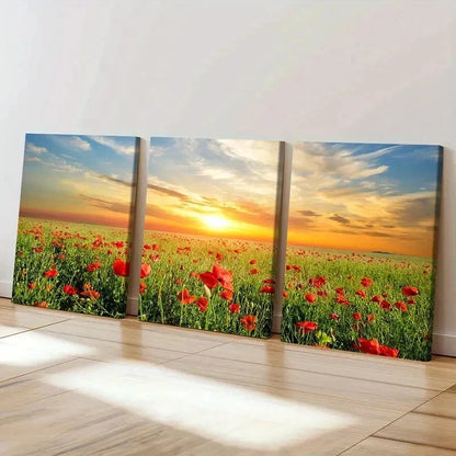 3pcs Flower Field Sunset Natural Wall Art Set Canvas Framed 40x60cm - High Quality Print 100% Australian Made Wall Canvas Ready to Hang