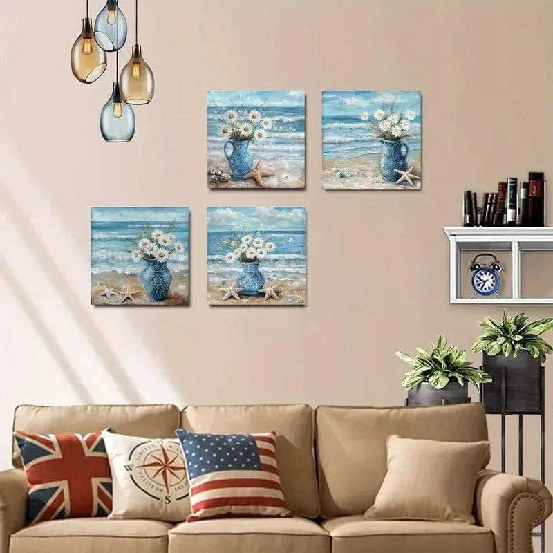 4pcsOcean Waves, Starfish & FlowersWall Art Canvas Framed