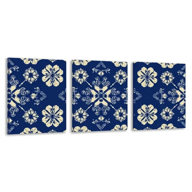 3pcs Blue And White Floral Geometric Pattern Wall Art Set Canvas Framed 60x90cm - High Quality Print 100% Australian Made Wall Canvas Ready to Hang