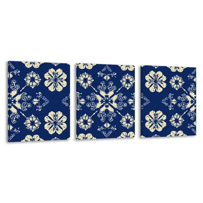 3pcs Blue And White Floral Geometric Pattern Wall Art Set Canvas Framed 60x90cm - High Quality Print 100% Australian Made Wall Canvas Ready to Hang