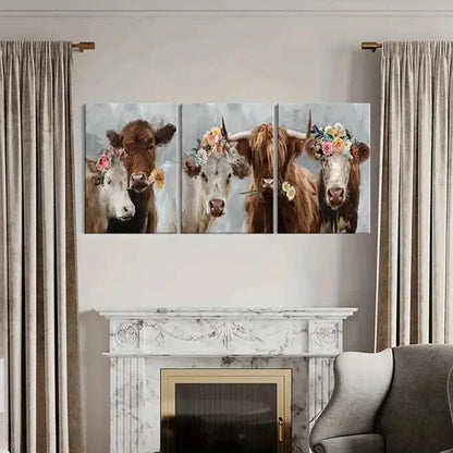 3pcs Highland Cattle with Flowers Vintage Wall Art Canvas Unframed - High Quality Print 100% Australian Made Wall Canvas
