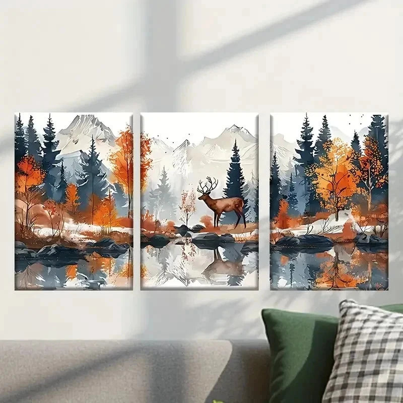 3pcs Painting of a Deer in the Woods Wall Art Set Canvas Framed 40x60cm - High Quality Print 100% Australian Made Wall Canvas Ready to Hang
