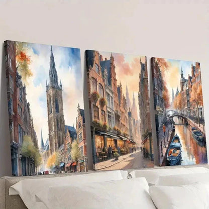 3pcs Autumn Streets of Amsterdam Landscape Wall Art Set Canvas Unframed - High Quality Print 100% Australian Made Wall Canvas