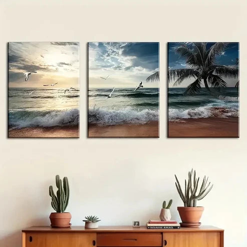 3pcs Beach Sunset Seagulls Décor Wall Art Canvas Unframed - High Quality Print 100% Australian Made Wall Canvas