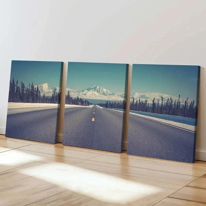 3pcs Snowy Mountains Road and Trees Wall Art Set Canvas Framed 40x60cm - High Quality Print 100% Australian Made Wall Canvas Ready to Hang