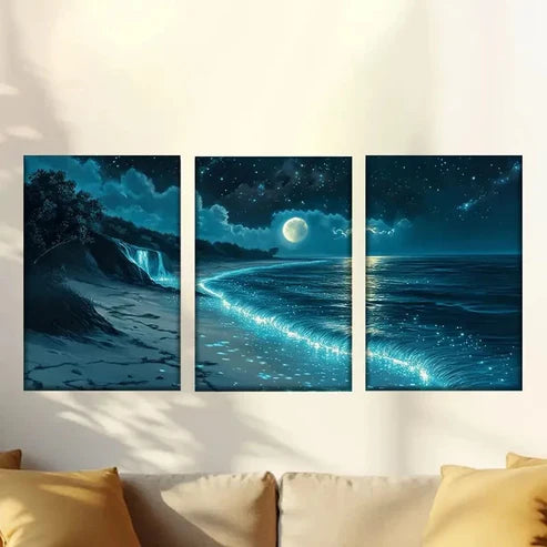 3pcs Night Beach View And Big Full Moon Wall Art Canvas Unframed - High Quality Print 100% Australian Made Wall Canvas