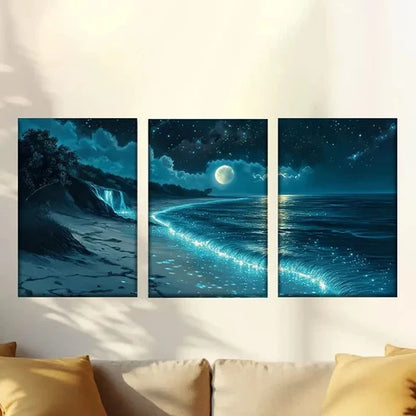 3pcs Night Beach View And Big Full Moon Wall Art Canvas Unframed - High Quality Print 100% Australian Made Wall Canvas