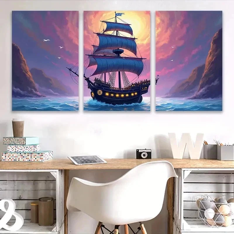 3pcs Sailing Ship at Sunset Wall Art Set Canvas Framed 40x60cm - High Quality Print 100% Australian Made Wall Canvas Ready to Hang
