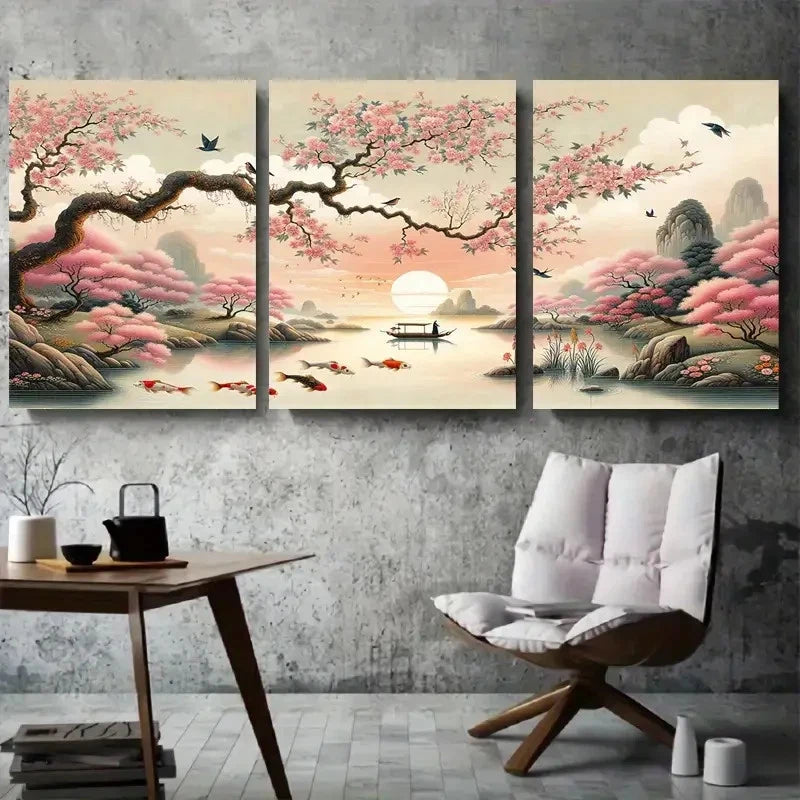 3pcs Cherry Blossom River Zen Koi Fish Wall Art Set Canvas Framed 40x60cm - High Quality Print 100% Australian Made Wall Canvas Ready to Hang