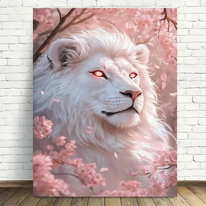 Beautiful White Lion Cherry Blossoms Fantasy Painting 40x60cm Metal Print Ready to Hang
