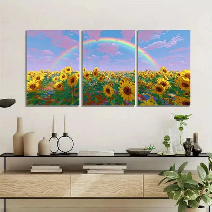 3pcs Blocky Colorful Design Sunflower Field  Wall Art Set Canvas Framed 50x70cm - High Quality Print 100% Australian Made Wall Canvas Ready to Hang
