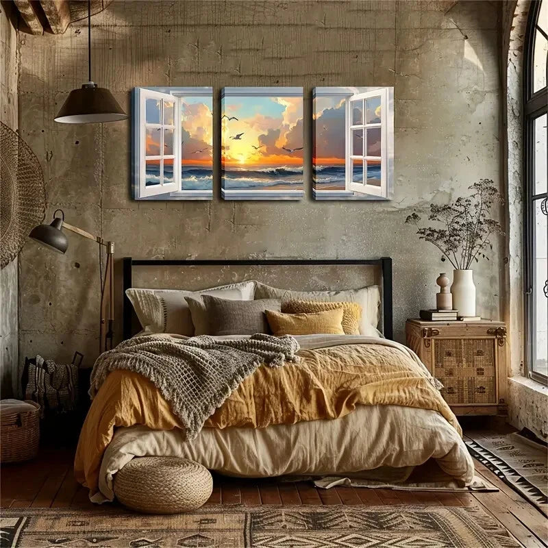 3pcs Serene Ocean & Sky Scene With Warm Perfect Wall Art Set Canvas Framed 40x60cm - High Quality Print 100% Australian Made Wall Canvas Ready to Hang