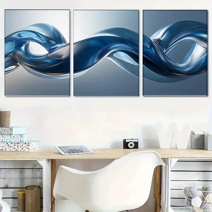 3pcs Set of Abstract Blue Wave Metal Print Ready to Hang Art