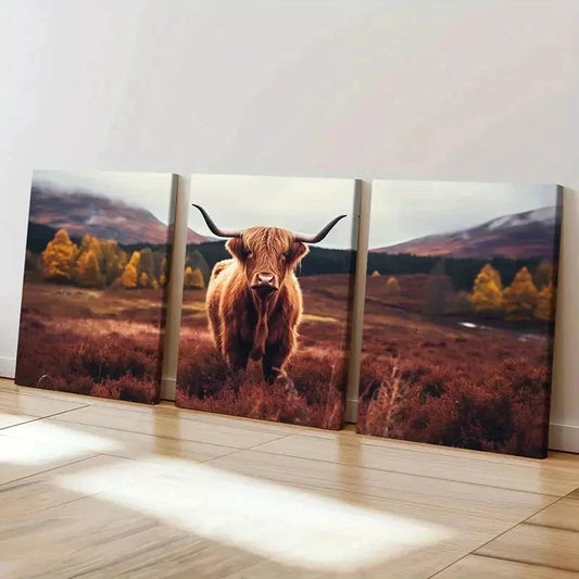 3pcs Animal Plateau Highland Cattle Wall Art Set Canvas Framed 40x60cm - High Quality Print 100% Australian Made Wall Canvas Ready to Hang