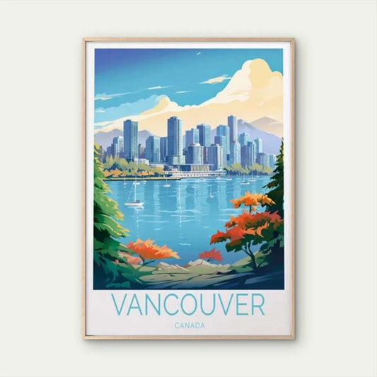 Vancouver Canada, Skyscraper & Lake View Travel Poster Print Wall Art