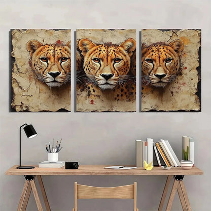 3pcs Vintage Leopard Lion & Cheetah Animal Metal Print Ready to Hang Art