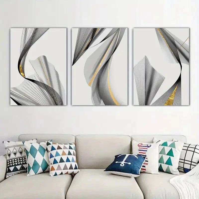3pcs  Black and Golden Lines, Minimalist Metal Print Ready to Hang Art