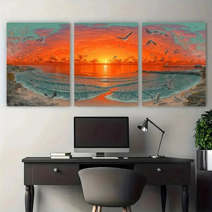 3pcs Seaside Sunrise Ocean Wave Seagulls Perfect Wall Art Set Canvas Framed 60x90cm - High Quality Print 100% Australian Made Wall Canvas Ready to Hang