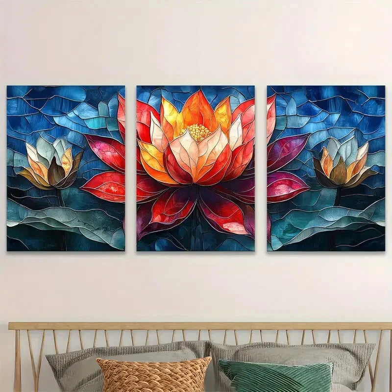 3pcs Lotus Flower Stained Glass Colorful Metal Print Ready to Hang Art