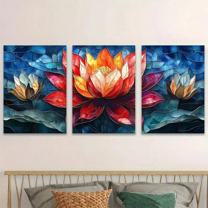 3pcs Lotus Flower Stained Glass Colorful Metal Print Ready to Hang Art