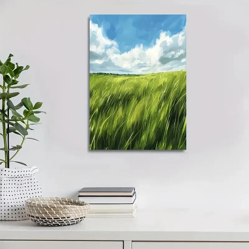 Rustic Green Thatched Grassland Painting 40x60cm Metal Print Ready to Hang