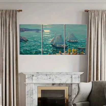 3pcs Sailing Ship on Sea Vintage Oil Style Wall Art Set Canvas Framed 40x60cm - High Quality Print 100% Australian Made Wall Canvas Ready to Hang