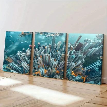 3pcs Cityscape Skyscraper Waterfront Perfect Wall Art Set Canvas Framed 40x60cm - High Quality Print 100% Australian Made Wall Canvas Ready to Hang