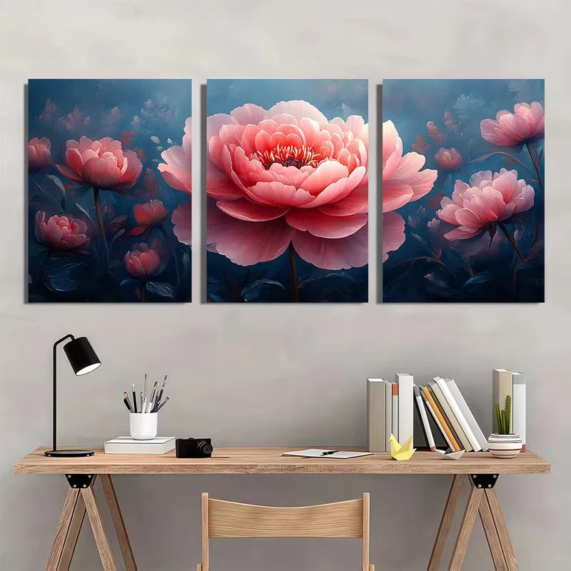3pcs Large Floral with Dark Navy Blue Painting  Wall Art Set Canvas Framed 60x90cm - High Quality Print 100% Australian Made Wall Canvas Ready to Hang