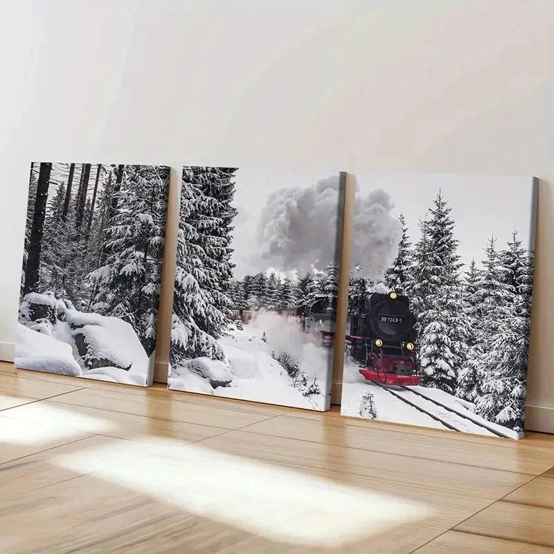 3pcs Forest Railway Snow Scene Steam Train Wall Art Set Canvas Framed 40x60cm - High Quality Print 100% Australian Made Wall Canvas Ready to Hang