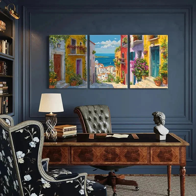 3pcs Vibrant Mediterranean Village Coastal Scenery Metal Print Ready to Hang Art