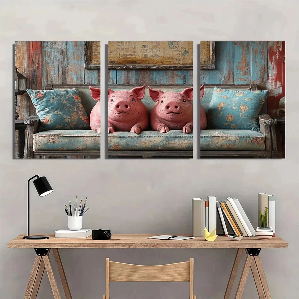 3pcs Vintage Pink Pig Floral Accents Metal Print Ready to Hang Art