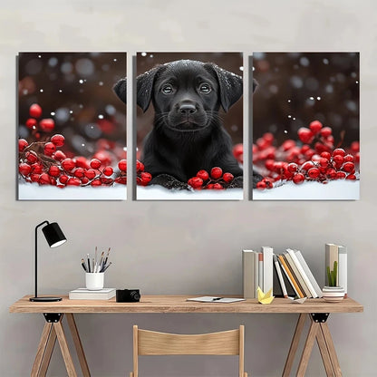 3pcs Black Dog Red Cherry Snowy White Metal Print Ready to Hang Art
