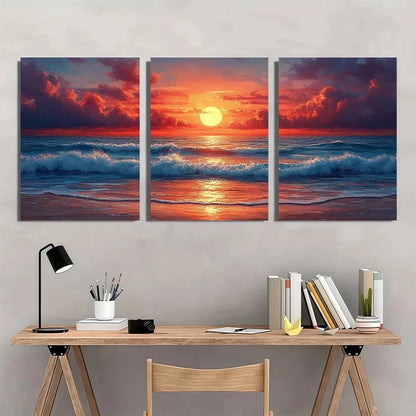 3pcs Beach Sunset Vibrant Abstract Ocean Waves Wall Art Set Canvas Framed 50x70cm - High Quality Print 100% Australian Made Wall Canvas Ready to Hang