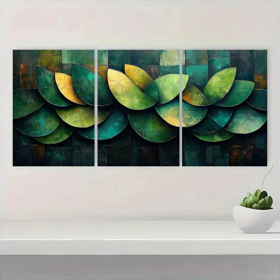 3pcs Vintage Abstract Green Leaves Themed Wall Art Set Canvas Framed 60x90cm - High Quality Print 100% Australian Made Wall Canvas Ready to Hang