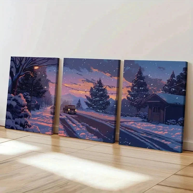 3pcs Snow Road Car & Cabin Vintage Wall Art Set Canvas Framed 40x60cm - High Quality Print 100% Australian Made Wall Canvas Ready to Hang