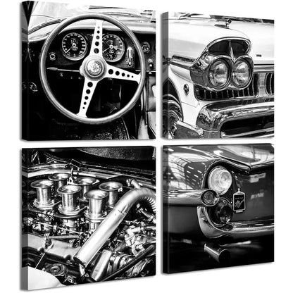 4pcs Black And White Wall Art Vintage CarWall Art Canvas Framed