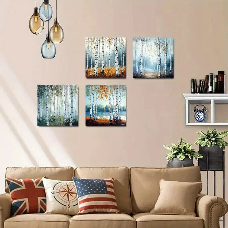4pcs Misty Birch Forest Elegant Modern Wall Art Canvas Framed