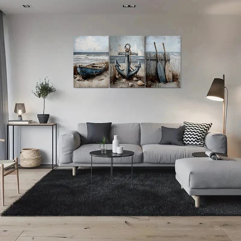 3pcs Beach Scene Nautical Boat Oars Coastal Metal Print Ready to Hang Art