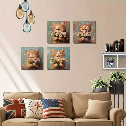4pcs Adorable Orange Kitten with FlowersWall Art Canvas Framed