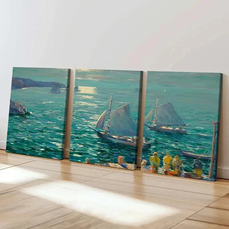 3pcs Sailing Ship on Sea Vintage Oil Style Wall Art Set Canvas Framed 40x60cm - High Quality Print 100% Australian Made Wall Canvas Ready to Hang