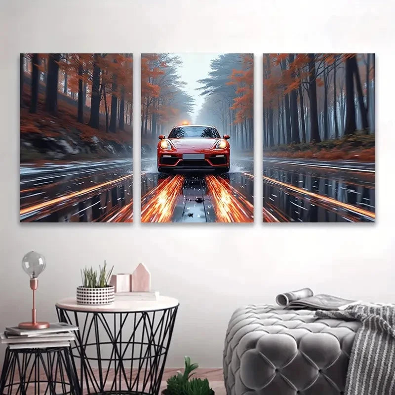 3pcs A Red Sports Car's Autumn Drive Wall Art Set Canvas Framed 50x70cm - High Quality Print 100% Australian Made Wall Canvas Ready to Hang