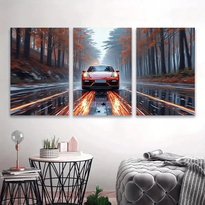 3pcs A Red Sports Car's Autumn Drive Wall Art Set Canvas Framed 50x70cm - High Quality Print 100% Australian Made Wall Canvas Ready to Hang