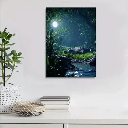 Serene Bamboo Grove Scene with Moonlit Painting 40x60cm Metal Print Ready to Hang